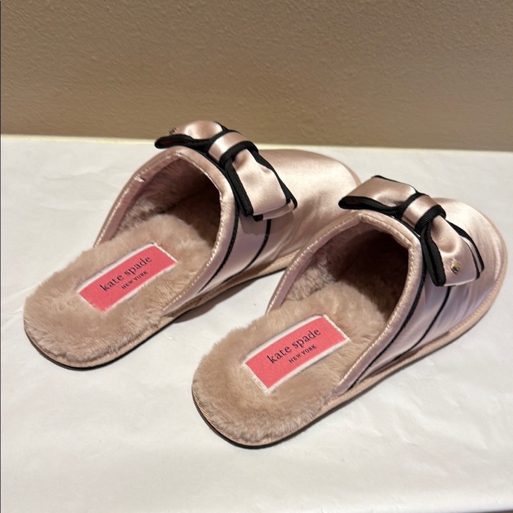 NWOT Kate Spade Pink and Black Slippers with Bow Detail and Faux Fur - Picture 3 of 14